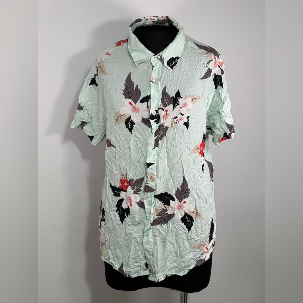 Eighth Avenue Button Up Shirt Mens Large Floral Short Sleeve Casual Light Green